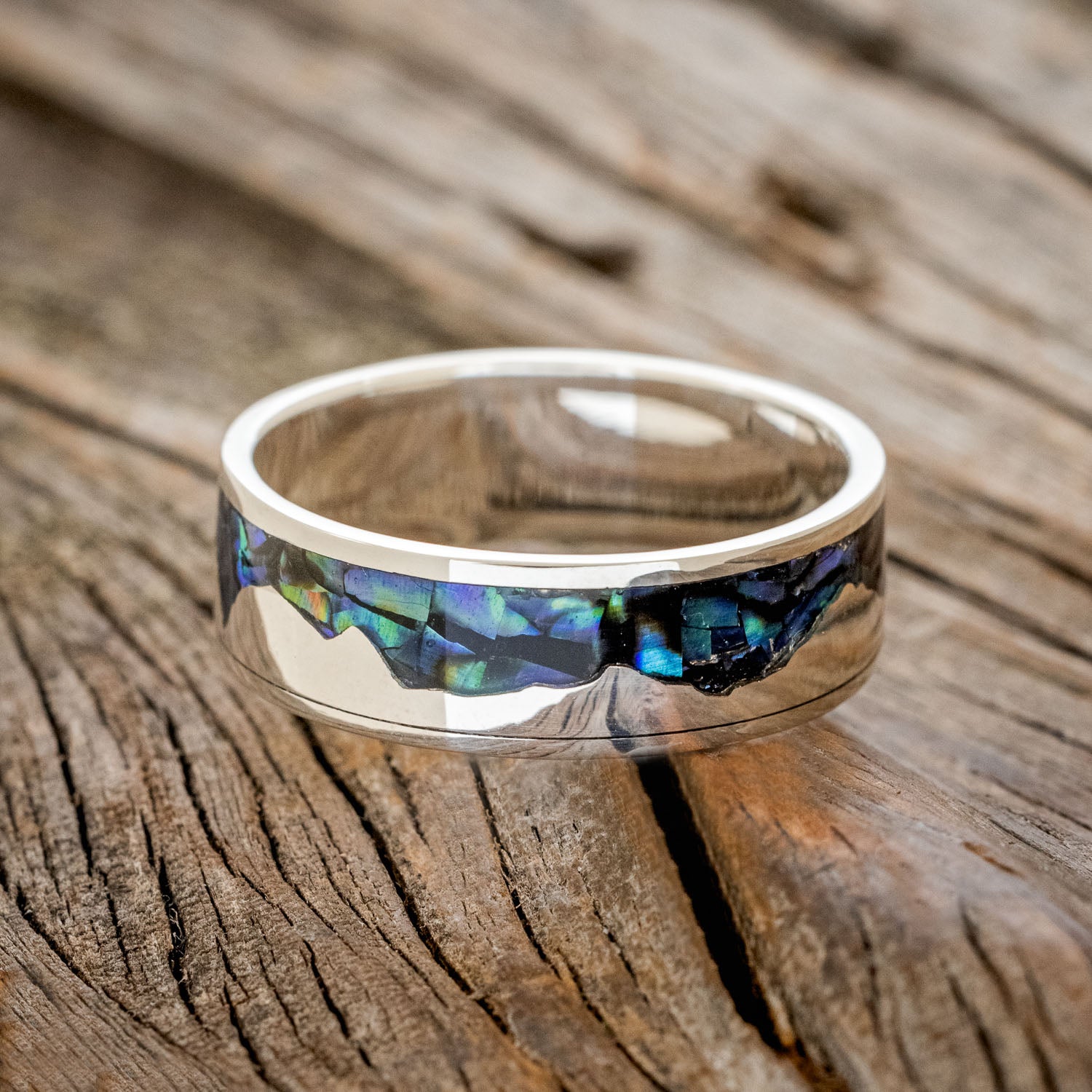 "HELIOS" - PAUA SHELL & SILVER MOUNTAIN RANGE WEDDING RING-9