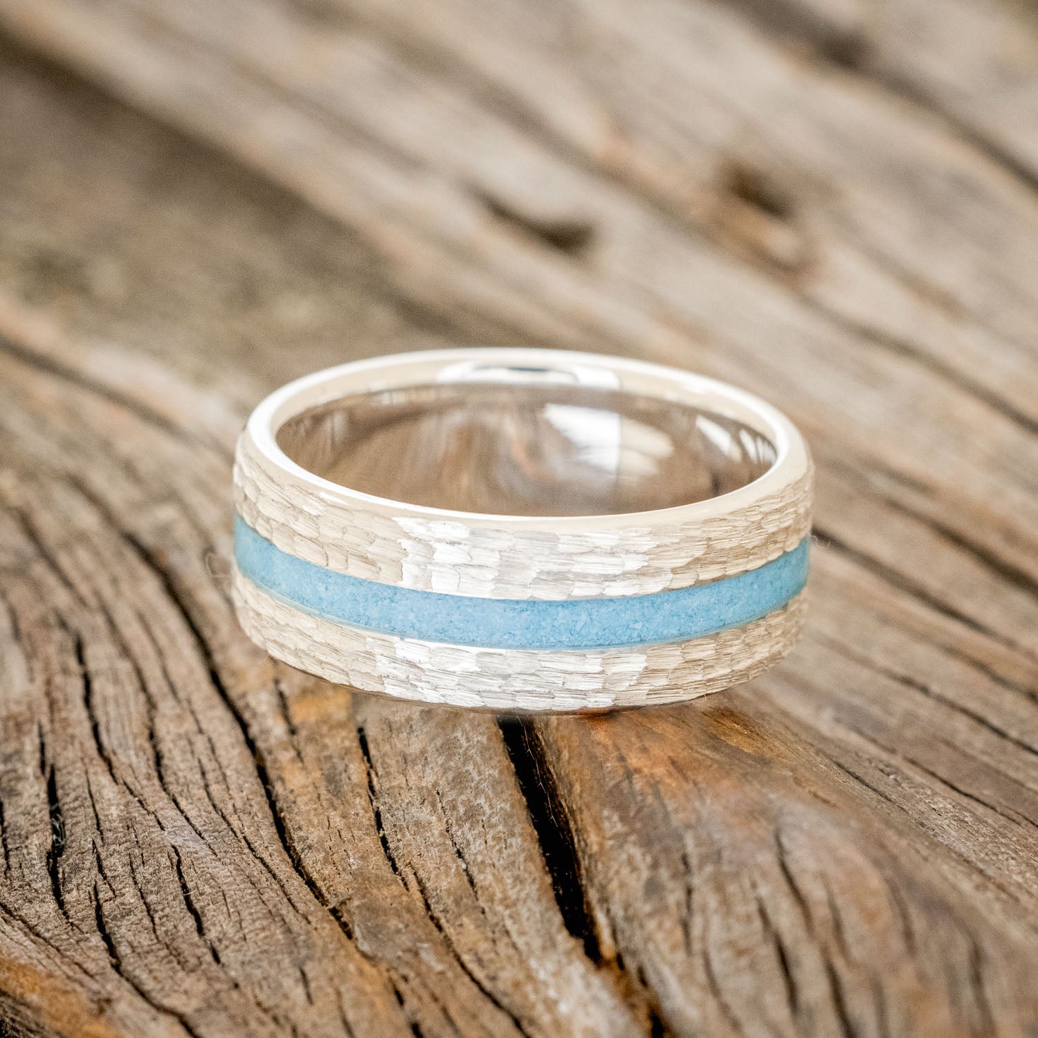 "NIRVANA" - CENTERED TURQUOISE INLAY WEDDING BAND WITH HAMMERED FINISH-6