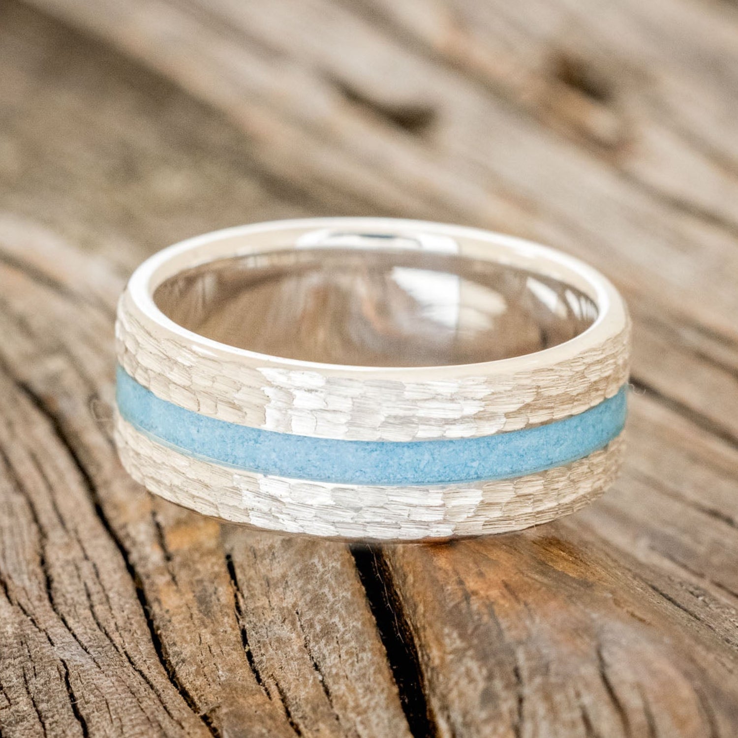 "NIRVANA" - CENTERED TURQUOISE INLAY WEDDING BAND WITH HAMMERED FINISH-6