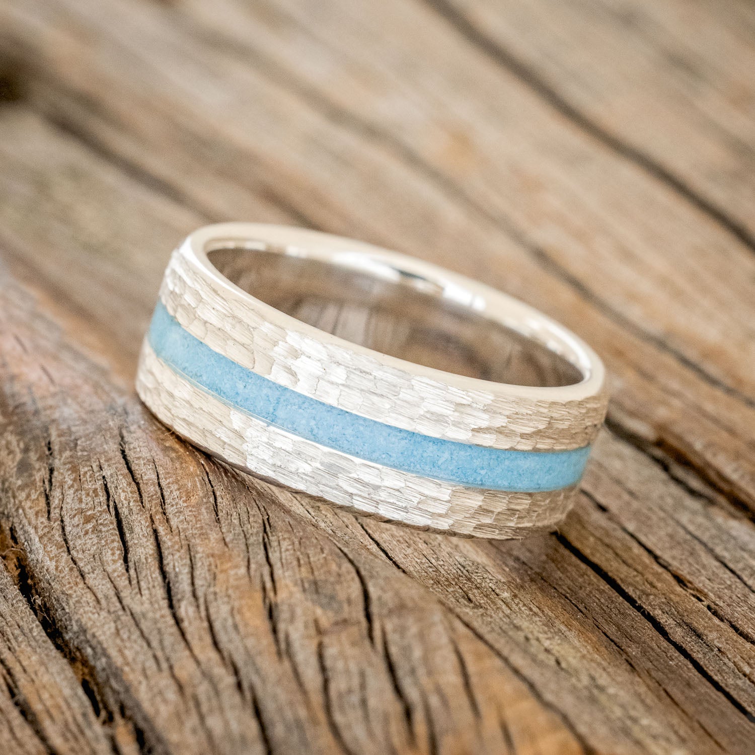 "NIRVANA" - CENTERED TURQUOISE INLAY WEDDING BAND WITH HAMMERED FINISH-5
