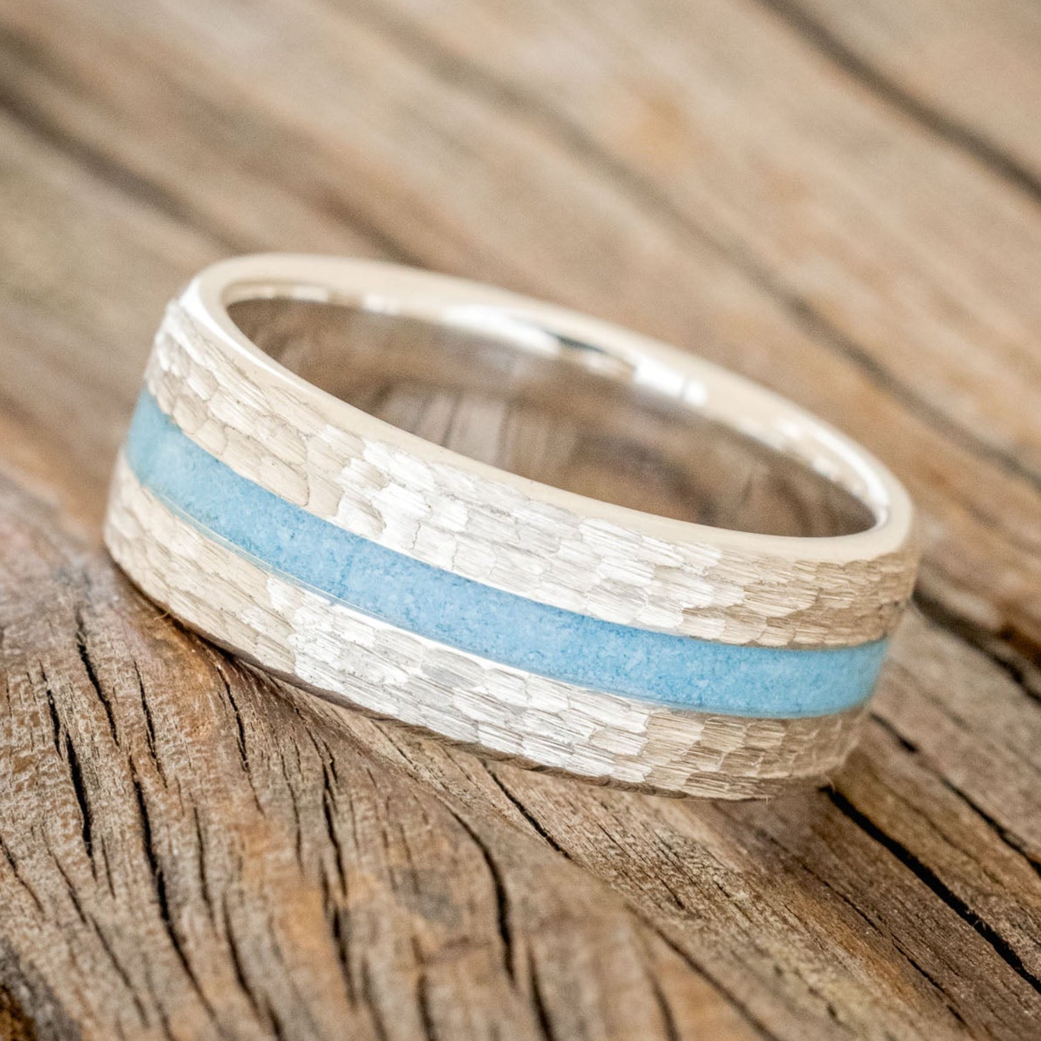 "NIRVANA" - CENTERED TURQUOISE INLAY WEDDING BAND WITH HAMMERED FINISH-5