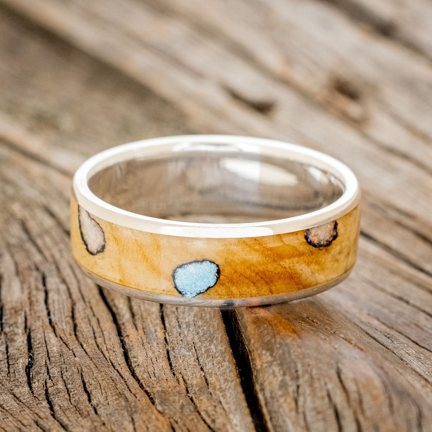 "RAINIER" - WHISKEY BARREL WOOD, OPAL & TURQUOISE WEDDING BAND-3