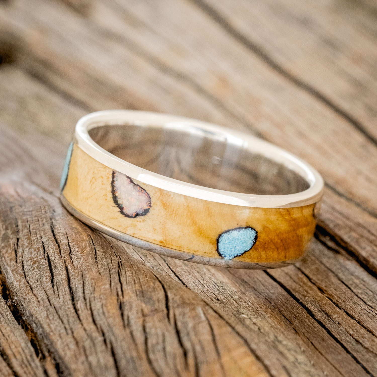 "RAINIER" - WHISKEY BARREL WOOD, OPAL & TURQUOISE WEDDING BAND-2