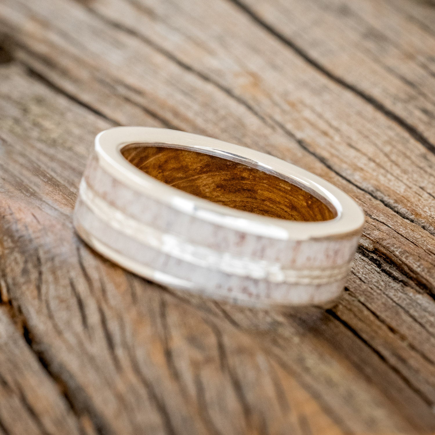 "DYAD" - ANTLER & HAMMERED SILVER INLAY WITH A WHISKEY BARREL LINING WEDDING BAND-5