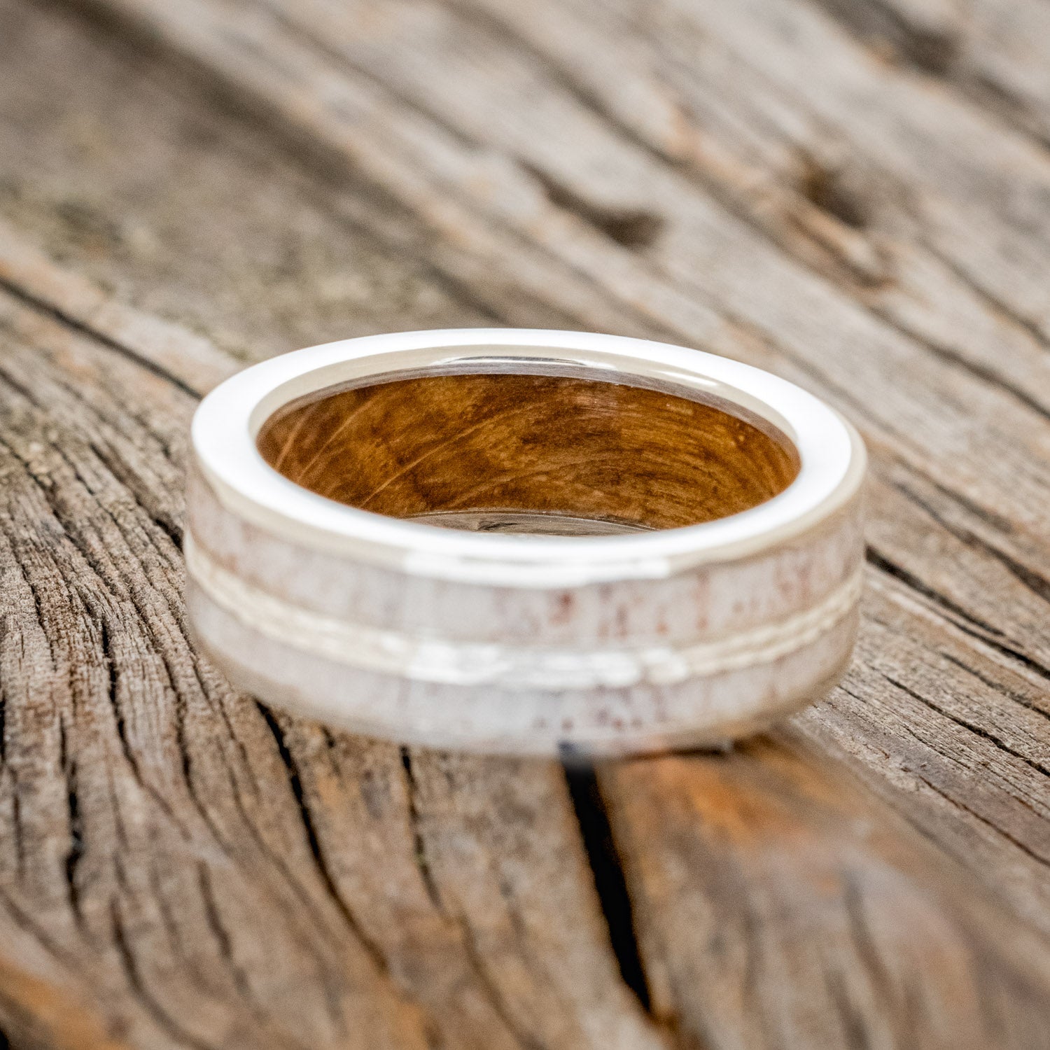 "DYAD" - ANTLER & HAMMERED SILVER INLAY WITH A WHISKEY BARREL LINING WEDDING BAND-6