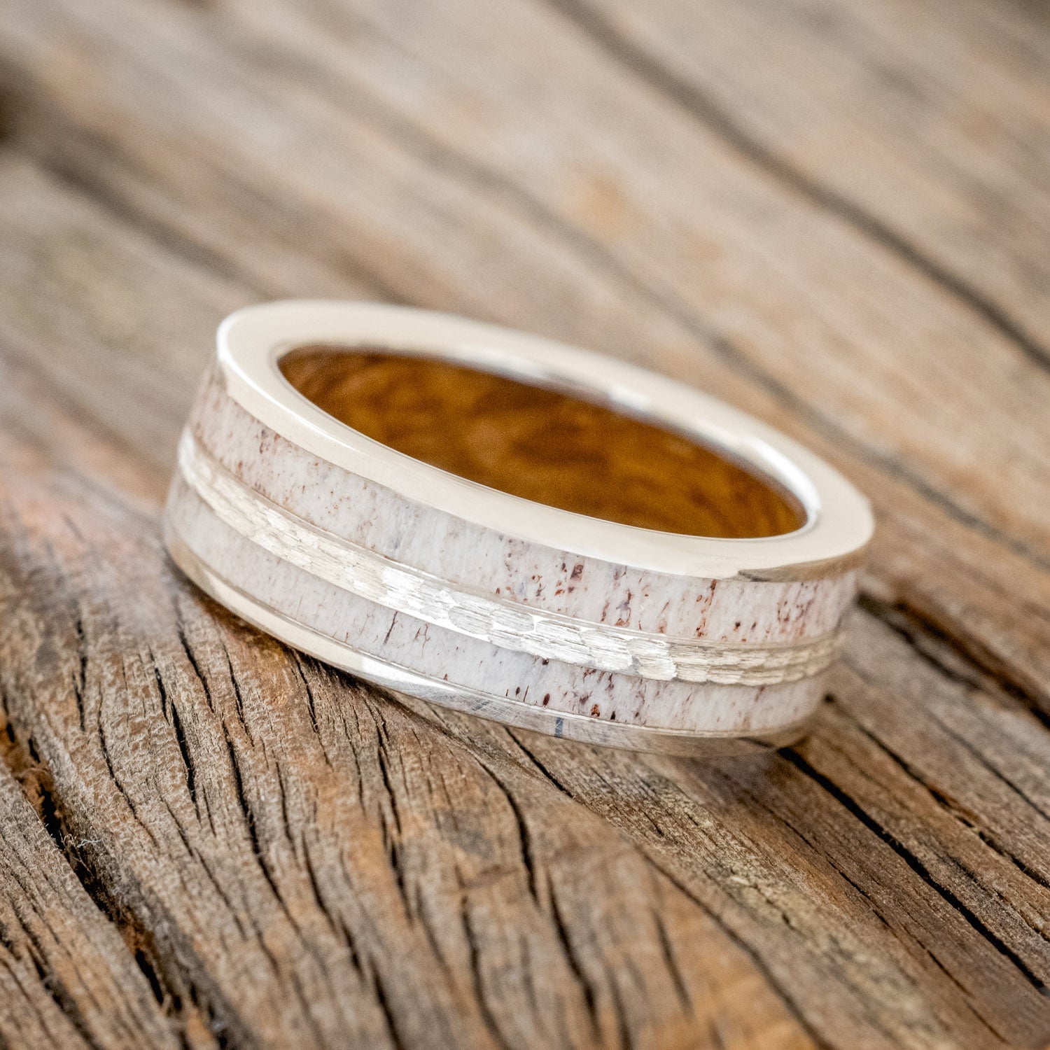"DYAD" - ANTLER & HAMMERED SILVER INLAY WITH A WHISKEY BARREL LINING WEDDING BAND-2