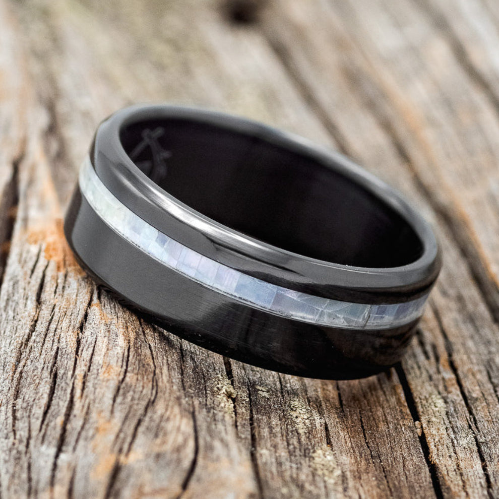 "VERTIGO" - MOTHER OF PEARL INLAY WEDDING BAND-7