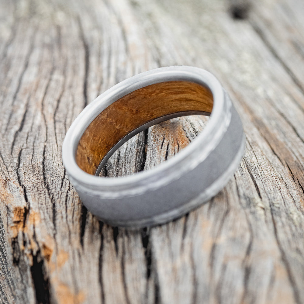 "SEDONA" - WHISKEY BARREL LINED WEDDING RING WITH HAMMERED EDGES & SANDBLASTED CENTER-8
