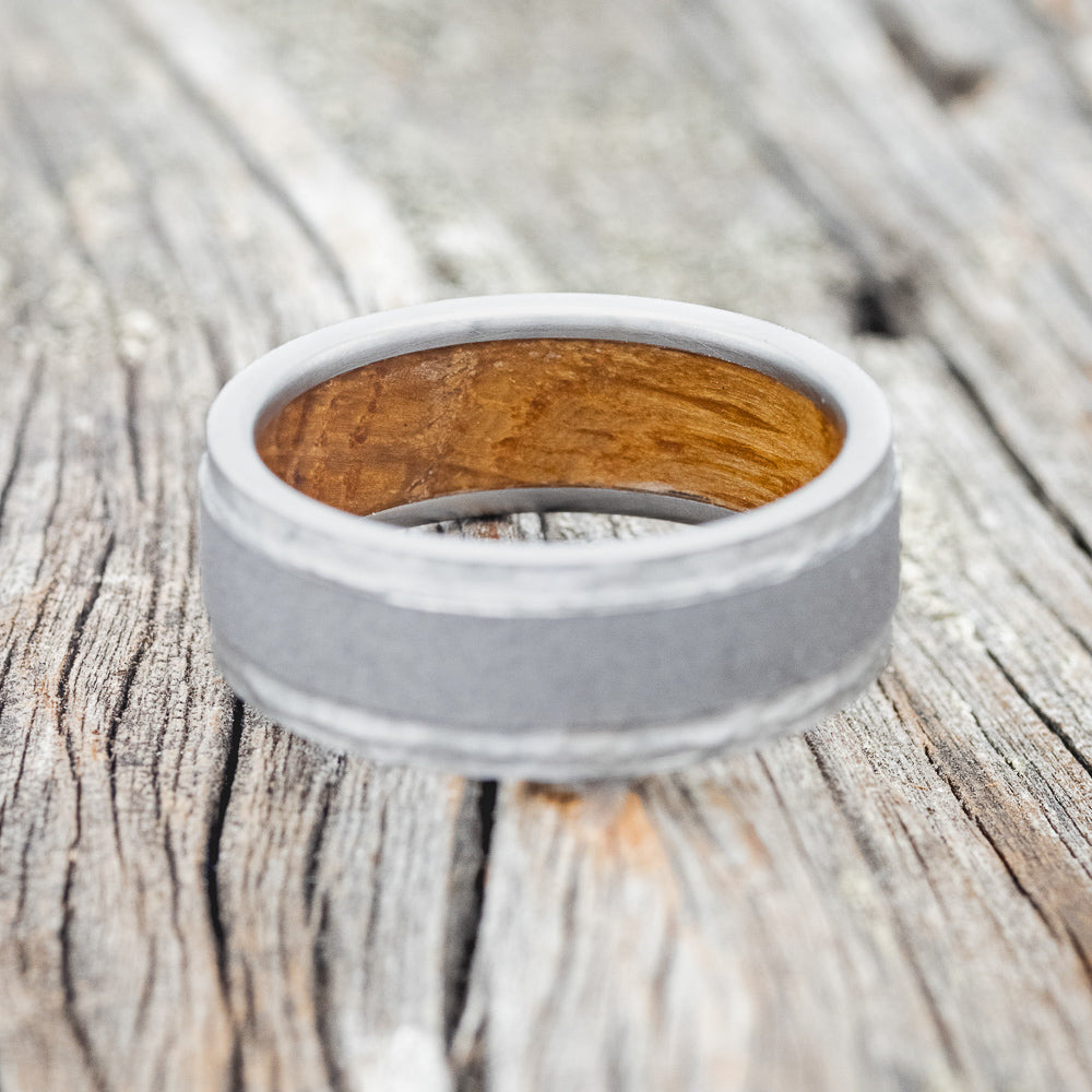 "SEDONA" - WHISKEY BARREL LINED WEDDING RING WITH HAMMERED EDGES & SANDBLASTED CENTER-7