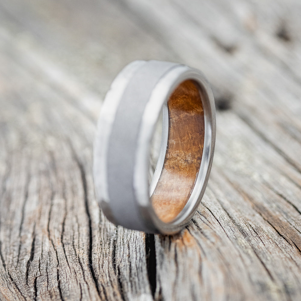 "SEDONA" - WHISKEY BARREL LINED WEDDING RING WITH HAMMERED EDGES & SANDBLASTED CENTER-2