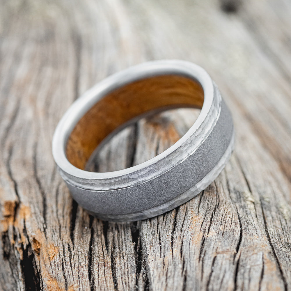 "SEDONA" - WHISKEY BARREL LINED WEDDING RING WITH HAMMERED EDGES & SANDBLASTED CENTER-5