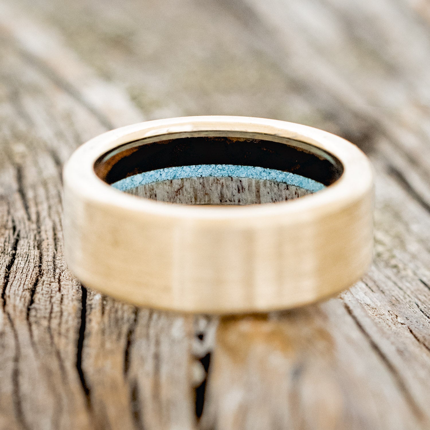 "ARGOS" - ANTLER, IRONWOOD & TURQUOISE LINED WEDDING BAND WITH BRUSHED FINISH-18
