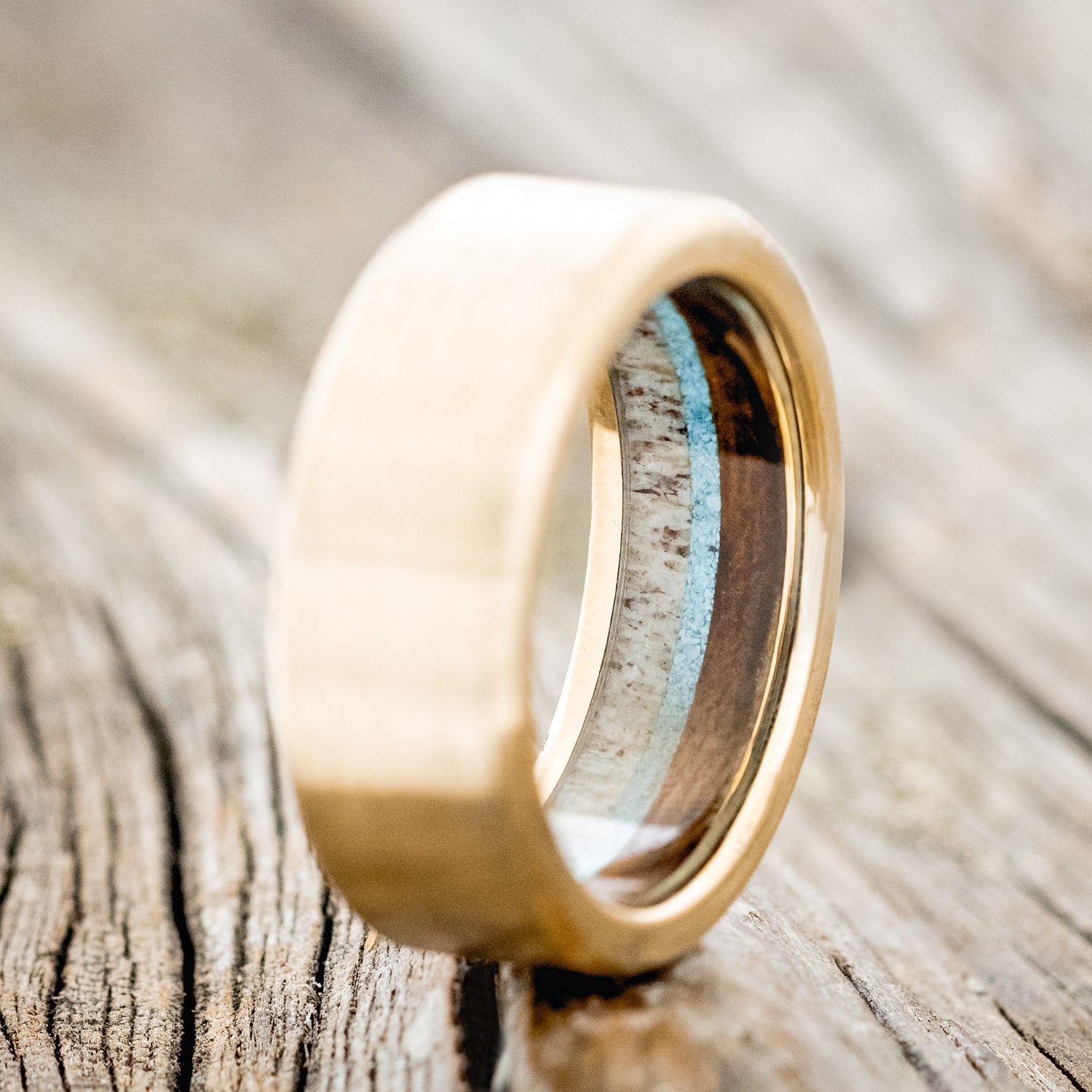 "ARGOS" - ANTLER, IRONWOOD & TURQUOISE LINED WEDDING BAND WITH BRUSHED FINISH-14