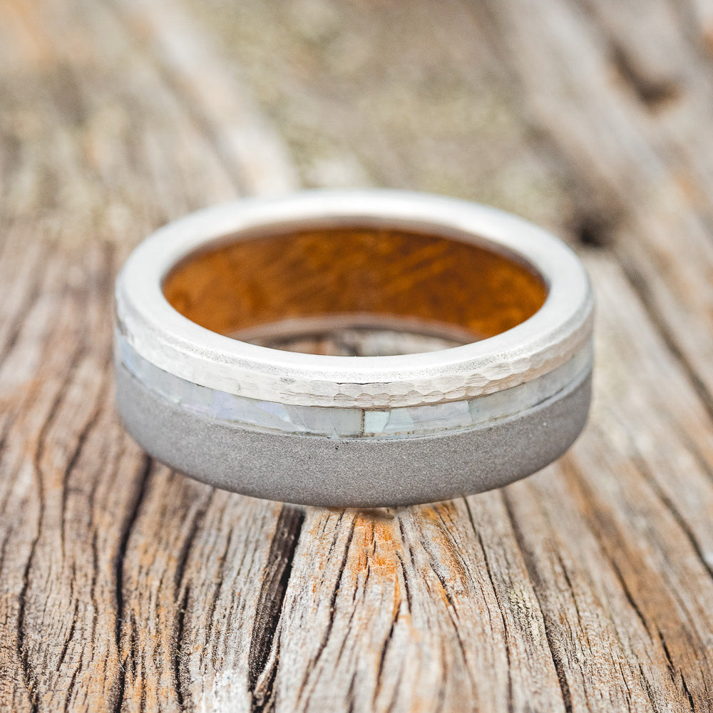"VERTIGO" - MOTHER OF PEARL WEDDING RING WITH WHISKEY BARREL LINING FEATURING A HAMMERED & SANDBLASTED FINISH-5