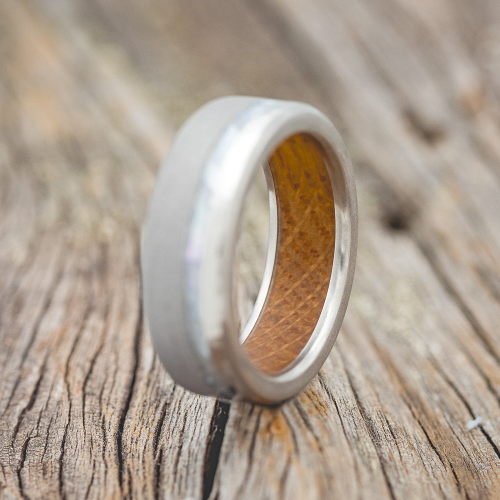 "VERTIGO" - MOTHER OF PEARL WEDDING RING WITH WHISKEY BARREL LINING FEATURING A HAMMERED & SANDBLASTED FINISH-2