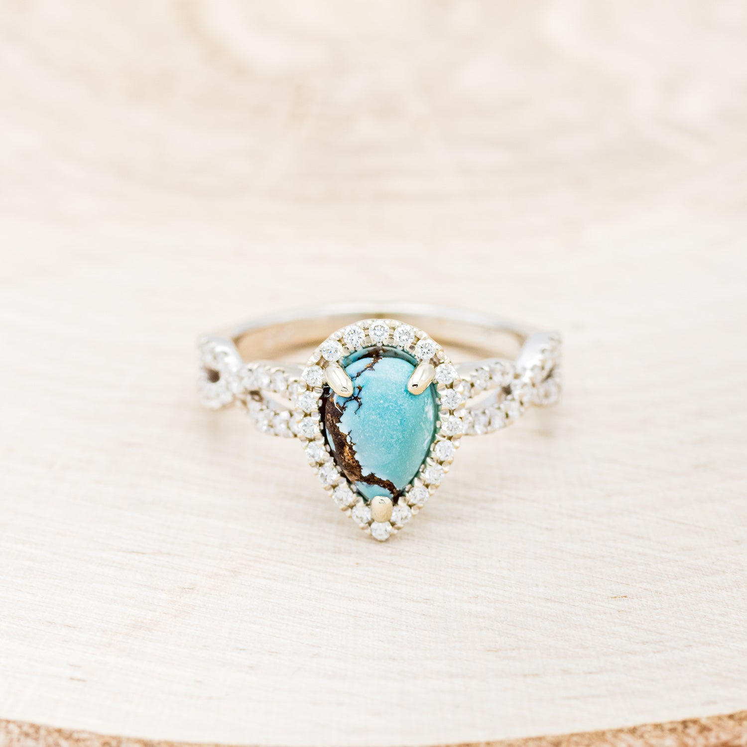 "BRIDGETTE" - PEAR-SHAPED TURQUOISE ENGAGEMENT RING WITH DIAMOND HALO & ACCENTS-4