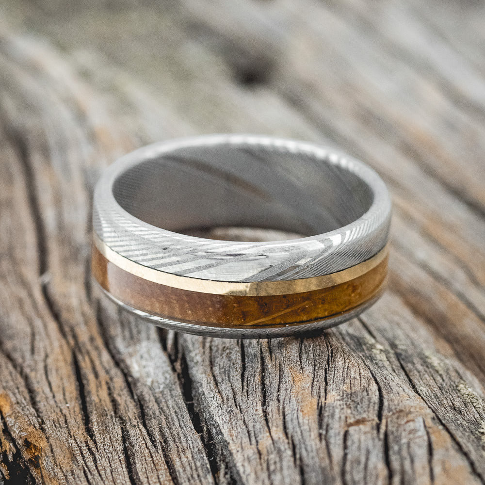 "TANNER" - WHISKEY BARREL & 14K GOLD INLAY WEDDING RING-4
