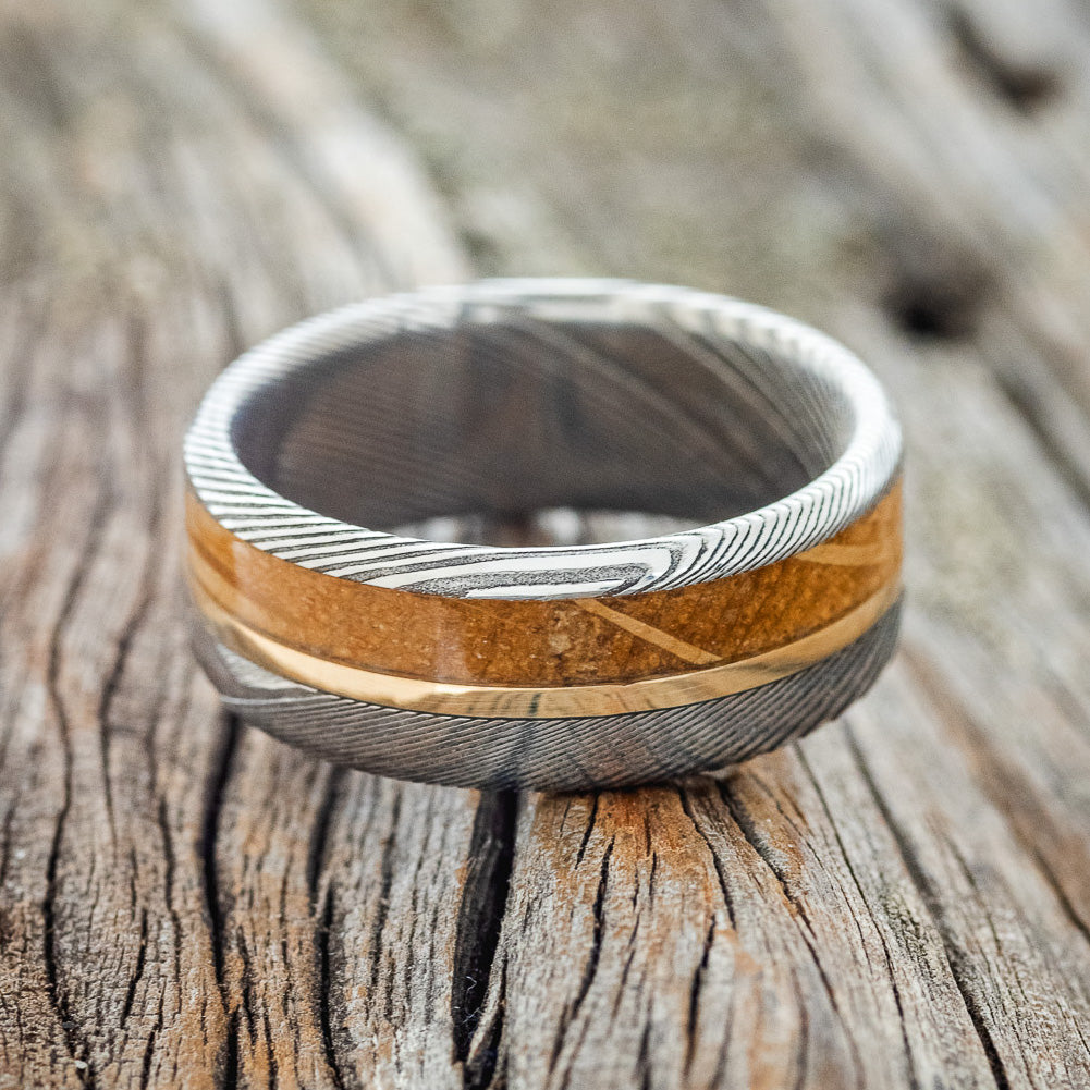 "TANNER" - WHISKEY BARREL & 14K GOLD INLAY WEDDING RING-3
