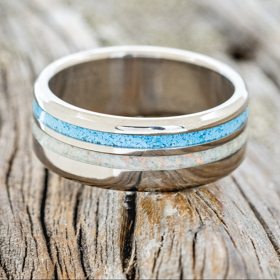 "COSMO" - TURQUOISE & FIRE AND ICE OPAL WEDDING RING-3