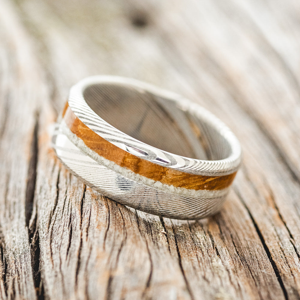 "CASTOR" - ELK TOOTH IVORY & WHISKEY BARREL OAK WEDDING RING-2
