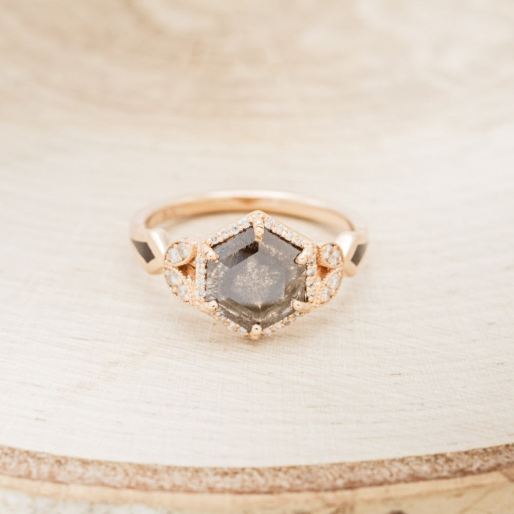 "LUCY IN THE SKY" - HEXAGON SALT & PEPPER ENGAGEMENT RING WITH JET STONE INLAYS-4