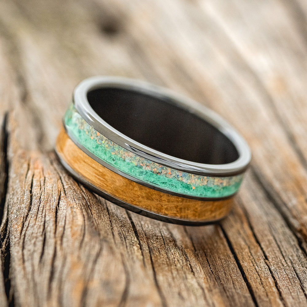 "DYAD" - FIRE & ICE OPAL, MALACHITE, & WHISKEY BARREL OAK WEDDING BAND - READY TO SHIP-2
