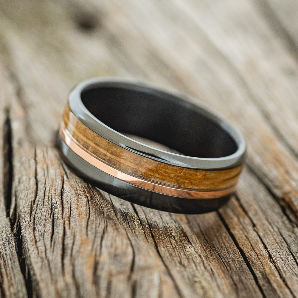 "TANNER" - WHISKEY BARREL OAK & 14K GOLD INLAY WEDDING BAND-2