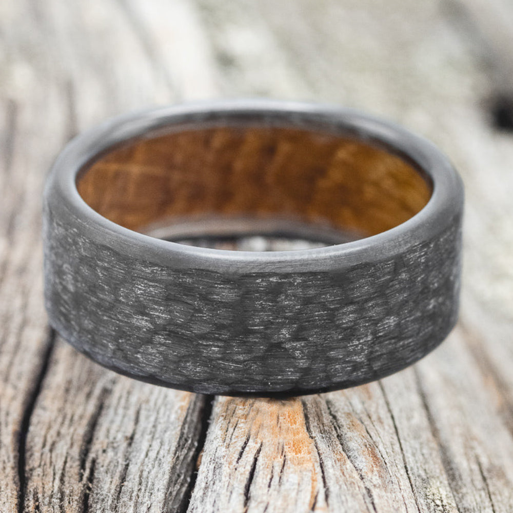 HAMMERED WEDDING BAND WITH WHISKEY BARREL LINING-13