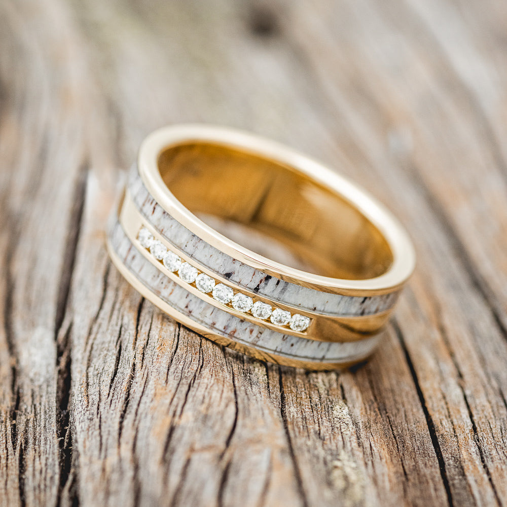 "RYDER" - DIAMONDS & ANTLER INLAYS WEDDING BAND-2