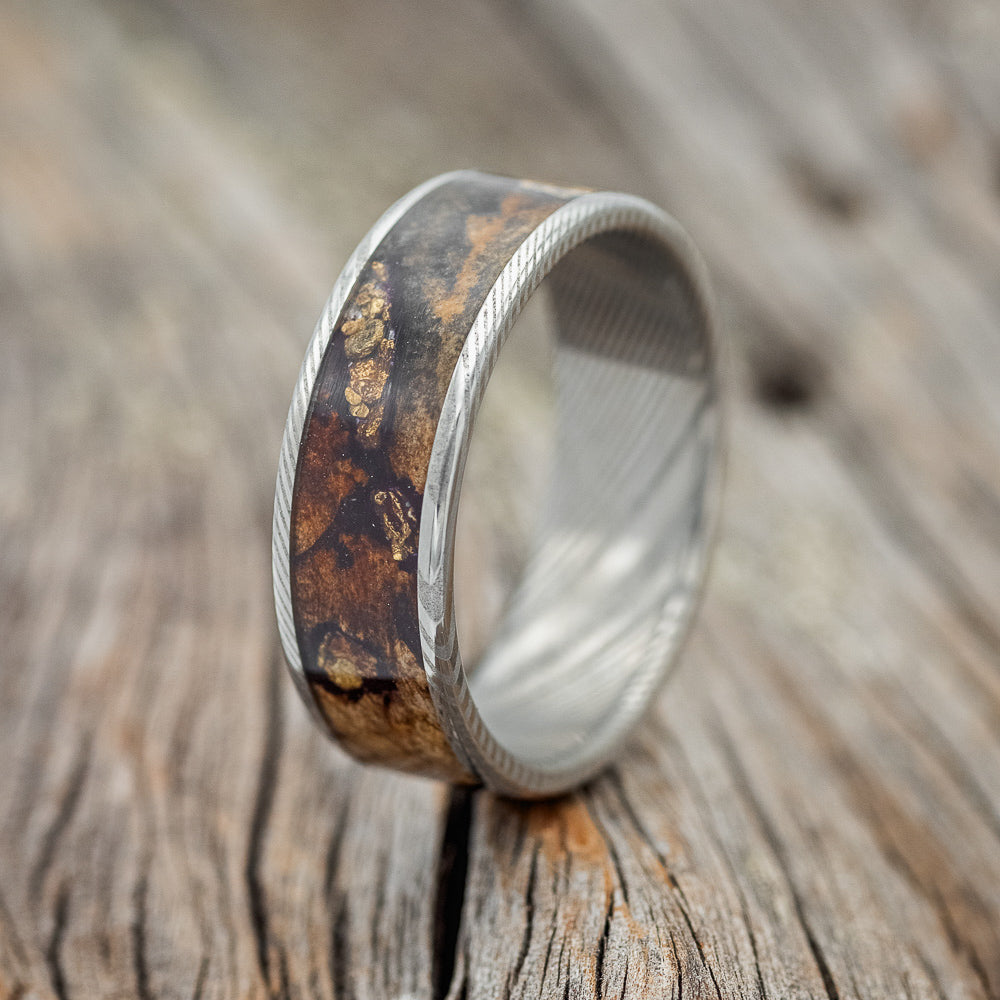 "RAINIER" - BUCKEYE BURL WOOD & GOLD NUGGETS WEDDING BAND-4
