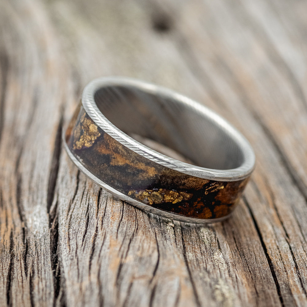 "RAINIER" - BUCKEYE BURL WOOD & GOLD NUGGETS WEDDING BAND-5