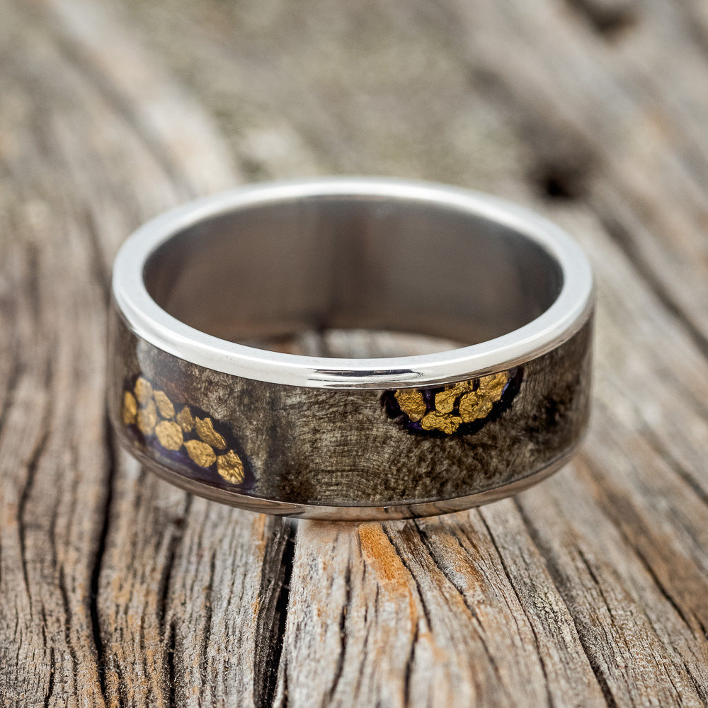 "RAINIER" - BUCKEYE BURL WOOD & GOLD NUGGETS WEDDING BAND-3