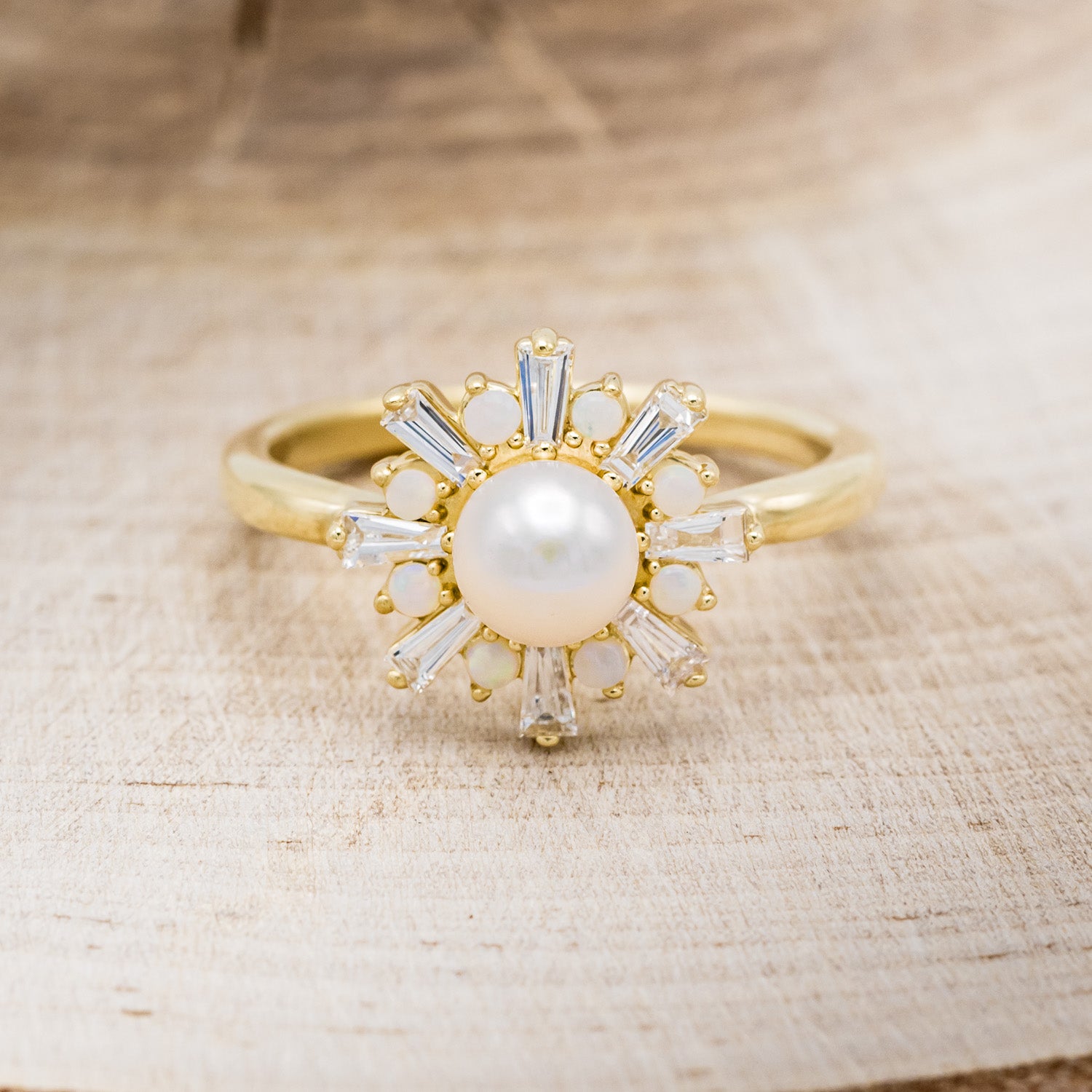 "DOROTHEA" - WHITE AKOYA PEARL ENGAGEMENT RING WITH DIAMOND & OPAL ACCENTS-4