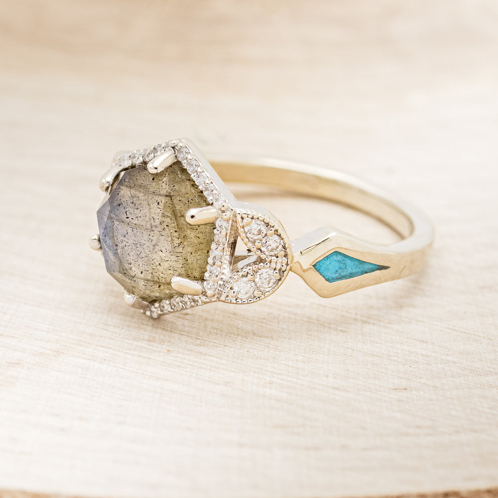 "LUCY IN THE SKY" - HEXAGON LABRADORITE ENGAGEMENT RING WITH DIAMOND ACCENTS & TURQUOISE INLAYS-3