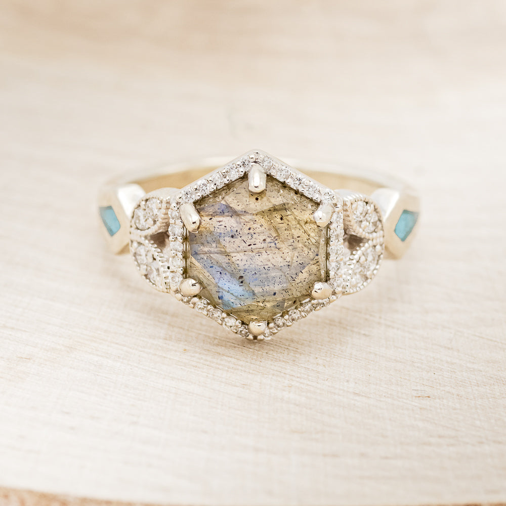 "LUCY IN THE SKY" - HEXAGON LABRADORITE ENGAGEMENT RING WITH DIAMOND ACCENTS & TURQUOISE INLAYS-4