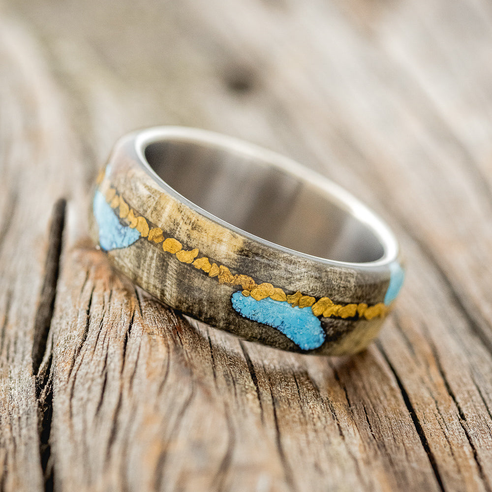 "REMMY" - BUCKEYE BURL WOOD, TURQUOISE & GOLD NUGGETS WEDDING BAND-3