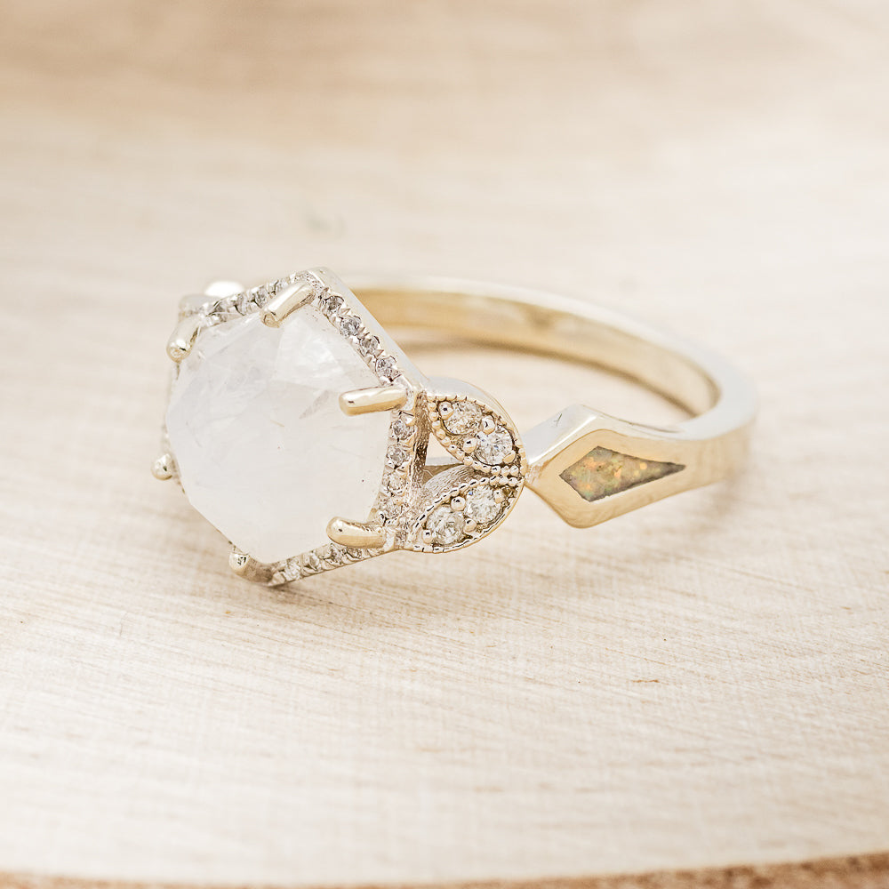 "LUCY IN THE SKY" - FACETED HEXAGON MOONSTONE ENGAGEMENT RING WITH DIAMOND HALO & FIRE AND ICE OPAL INLAYS-3