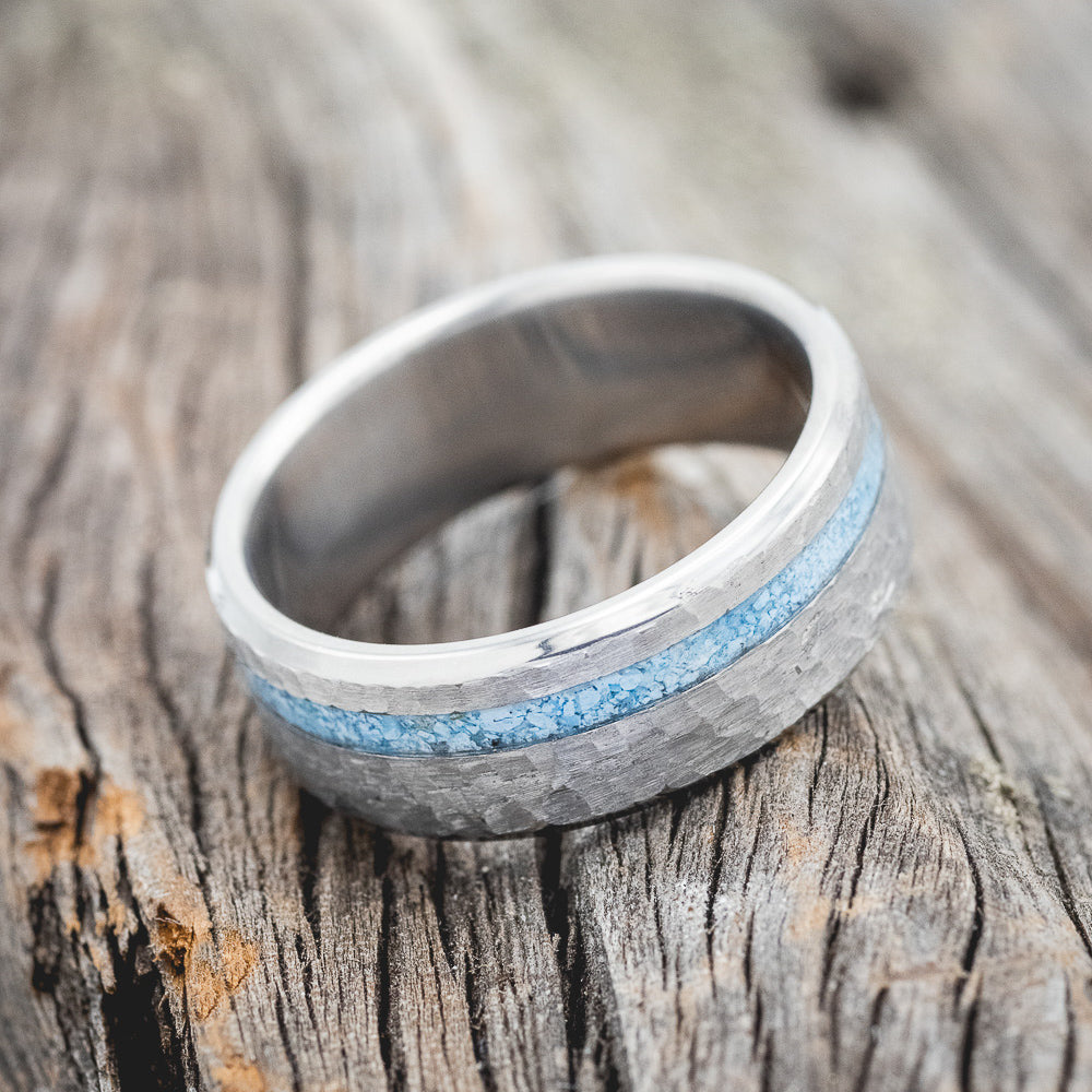"VERTIGO" - TURQUOISE WEDDING BAND WITH A HAMMERED FINISH-3
