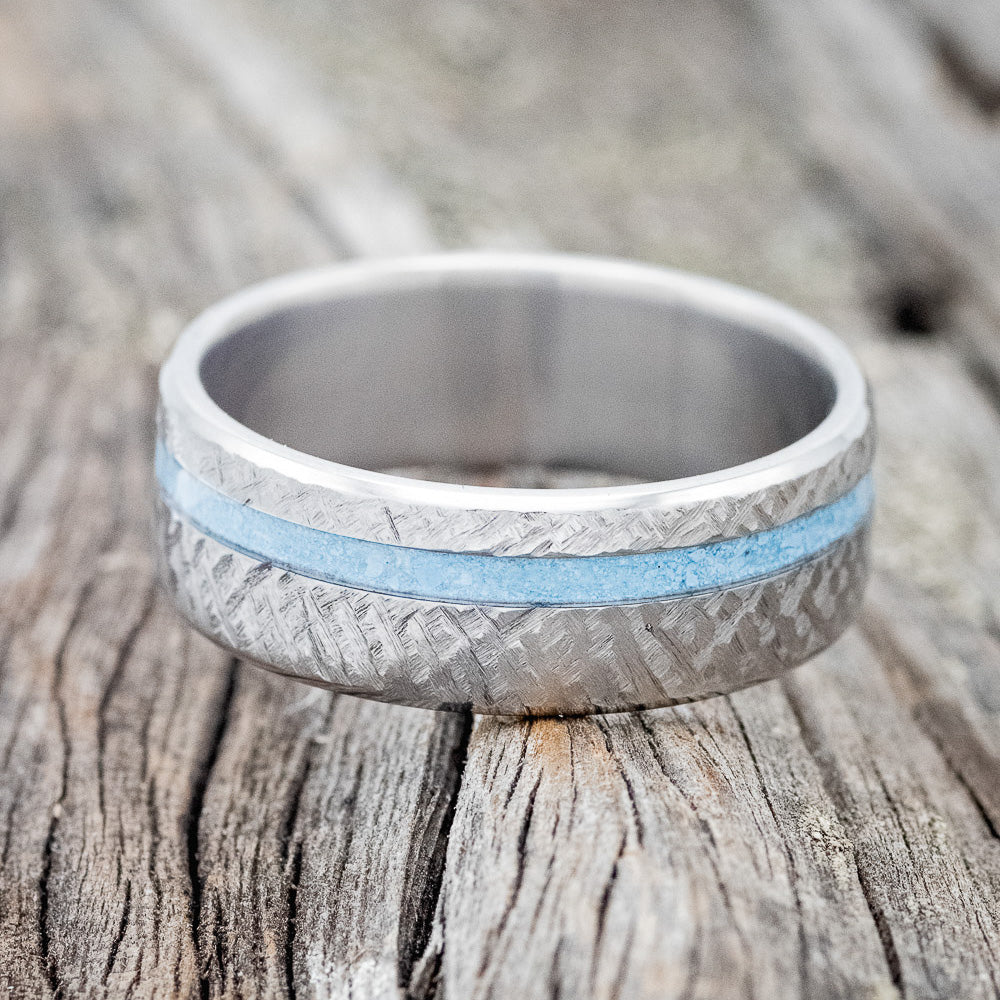 "VERTIGO" - TURQUOISE WEDDING BAND WITH CROSSHATCHED FINISH-4