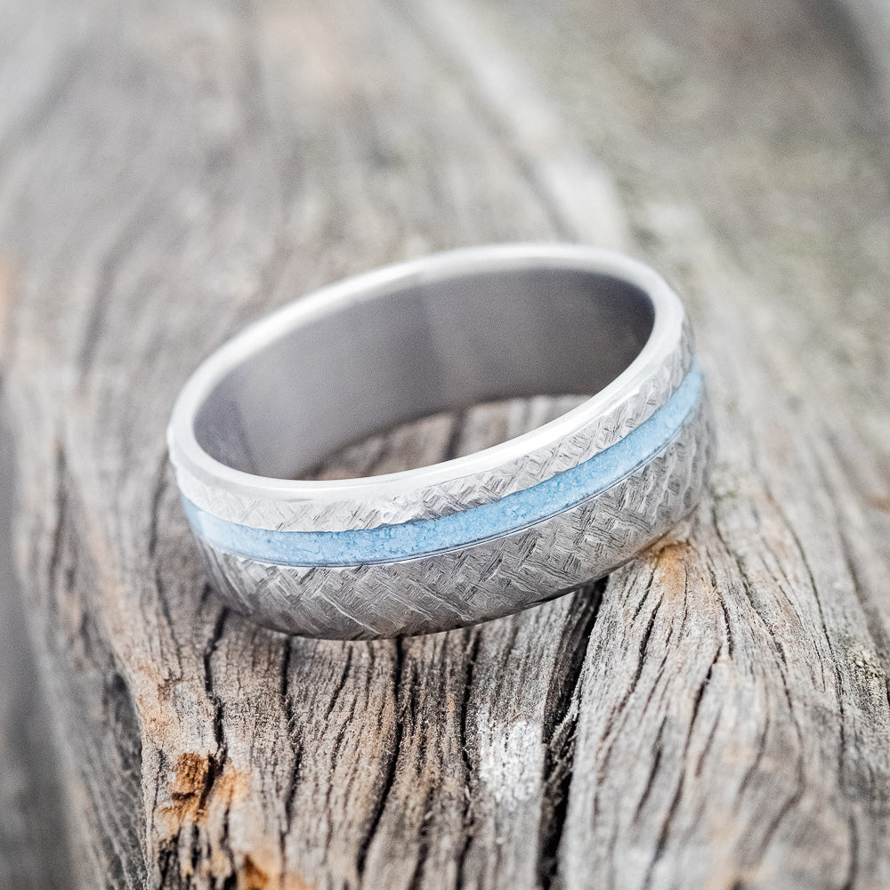 "VERTIGO" - TURQUOISE WEDDING BAND WITH CROSSHATCHED FINISH-3