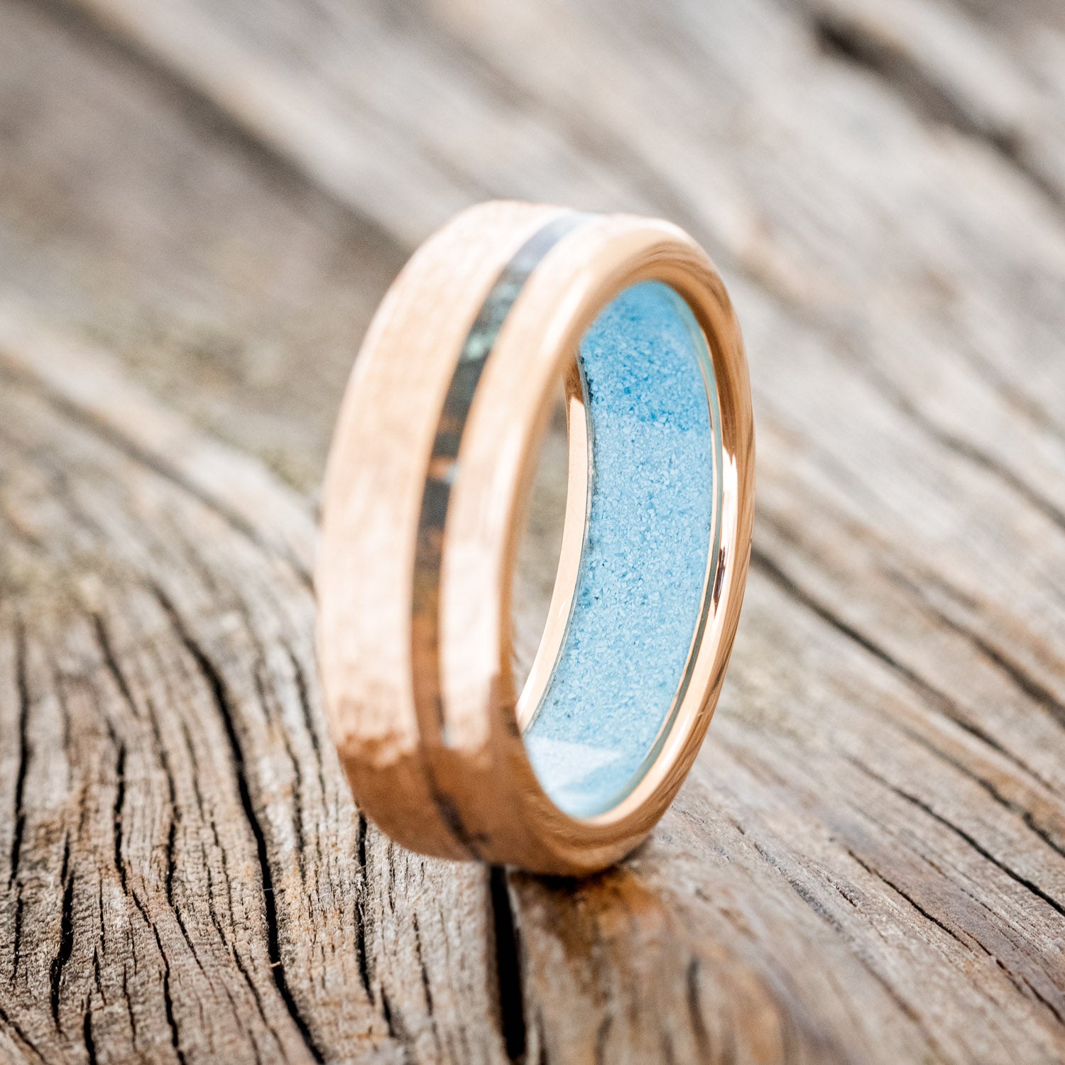 "VERTIGO" - PATINA COPPER WEDDING RING FEATURING A TURQUOISE LINING & HAMMERED 14K GOLD BAND-3