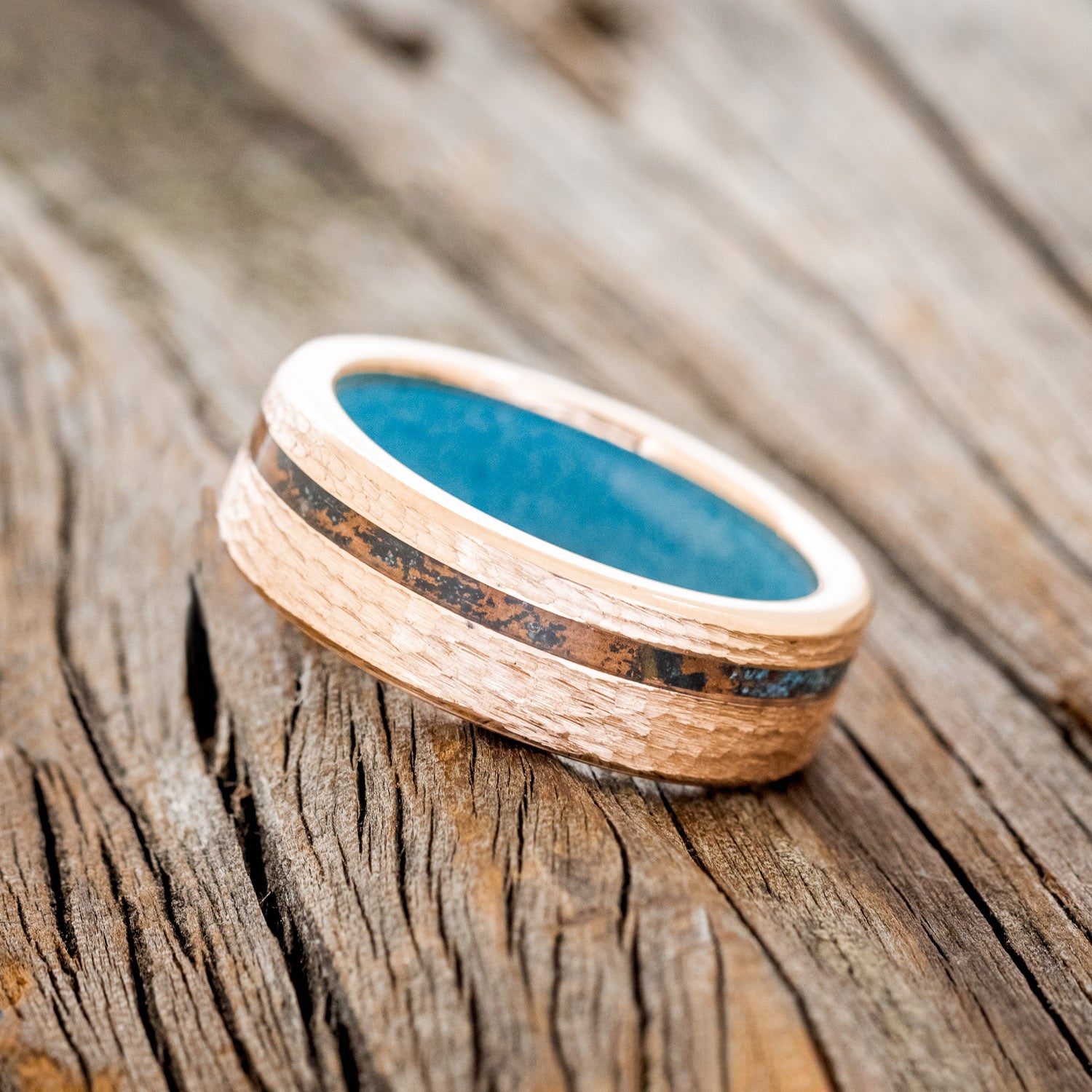 "VERTIGO" - PATINA COPPER WEDDING RING FEATURING A TURQUOISE LINING & HAMMERED 14K GOLD BAND-4