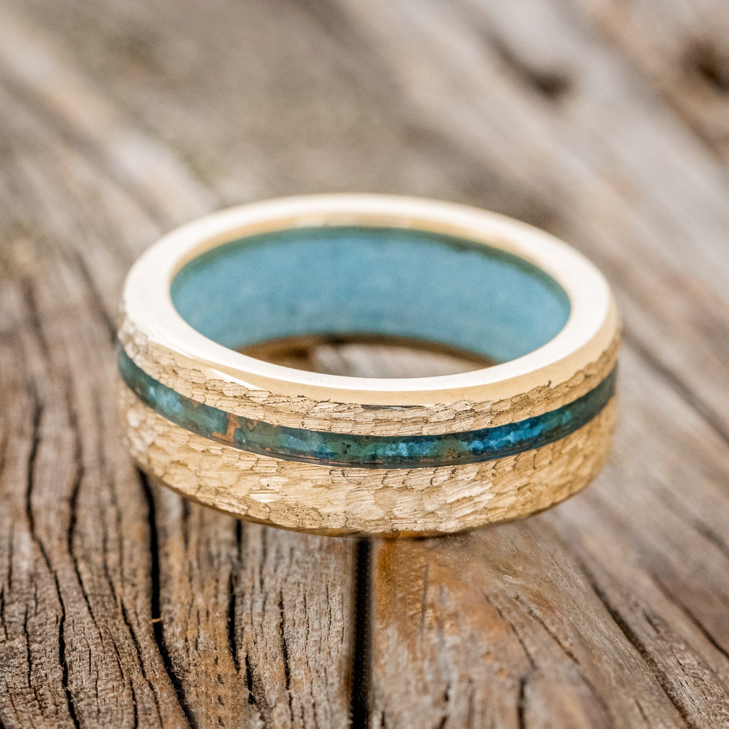 "VERTIGO" - PATINA COPPER WEDDING RING FEATURING A TURQUOISE LINING & HAMMERED 14K GOLD BAND-12