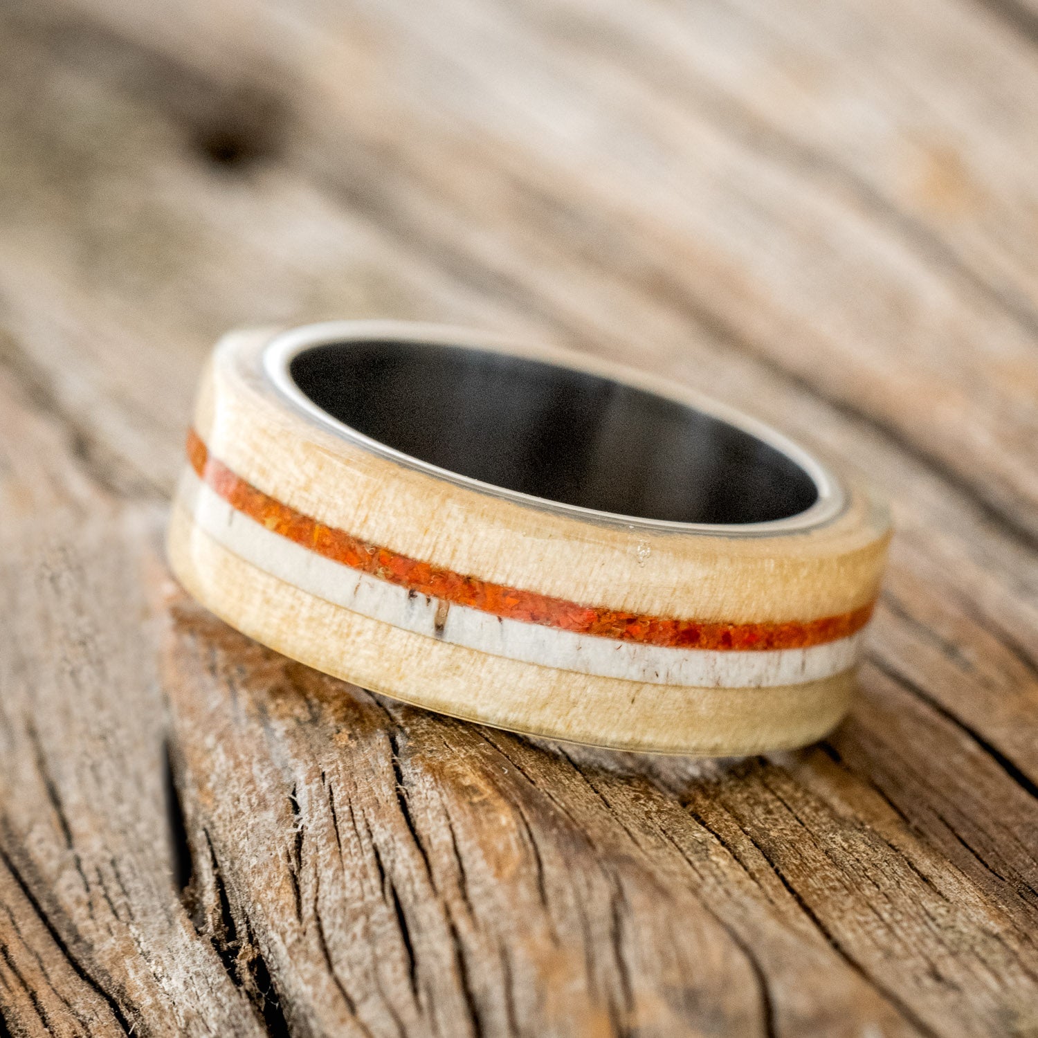 "CANYON" - ASPEN WOOD, ANTLER & ORANGE OPAL WEDDING RING-5