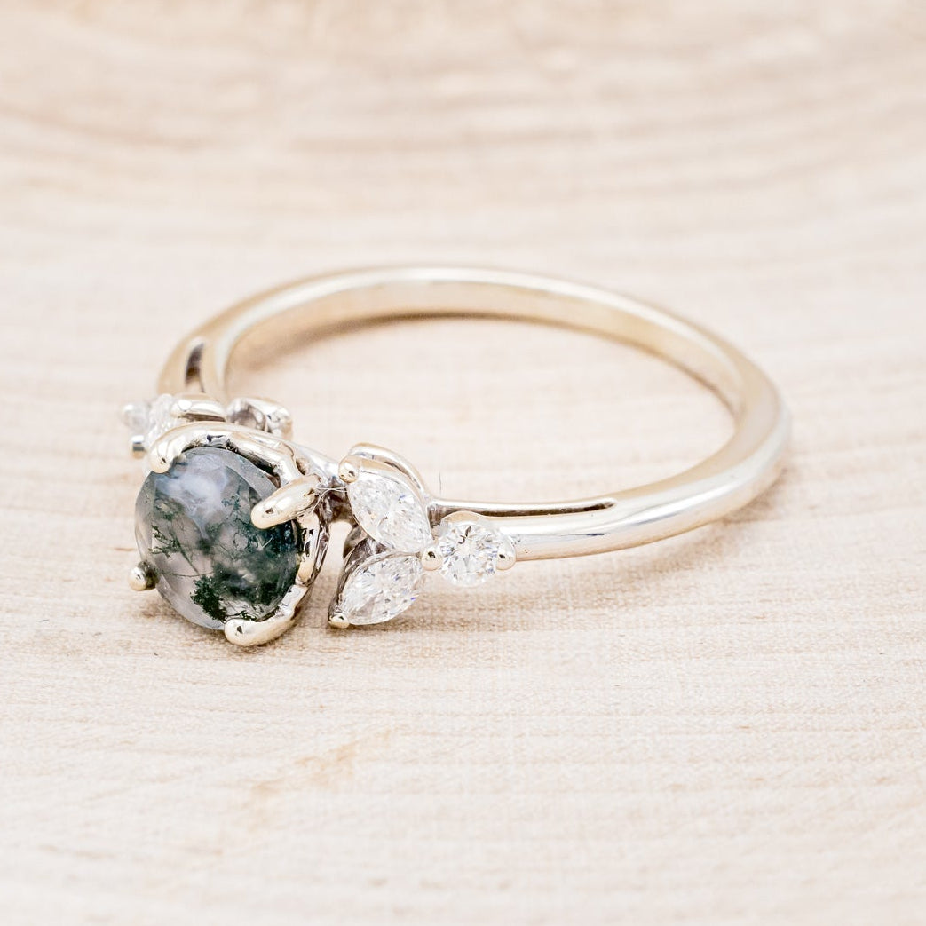 "BLOSSOM" - ROUND CUT MOSS AGATE ENGAGEMENT RING WITH LEAF-SHAPED DIAMOND ACCENTS-3