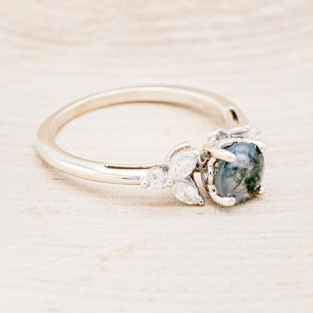 "BLOSSOM" - ROUND CUT MOSS AGATE ENGAGEMENT RING WITH LEAF-SHAPED DIAMOND ACCENTS-2