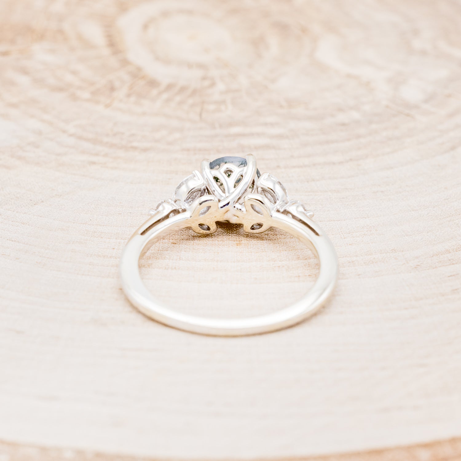 "BLOSSOM" - ROUND CUT MOSS AGATE ENGAGEMENT RING WITH LEAF-SHAPED DIAMOND ACCENTS-6