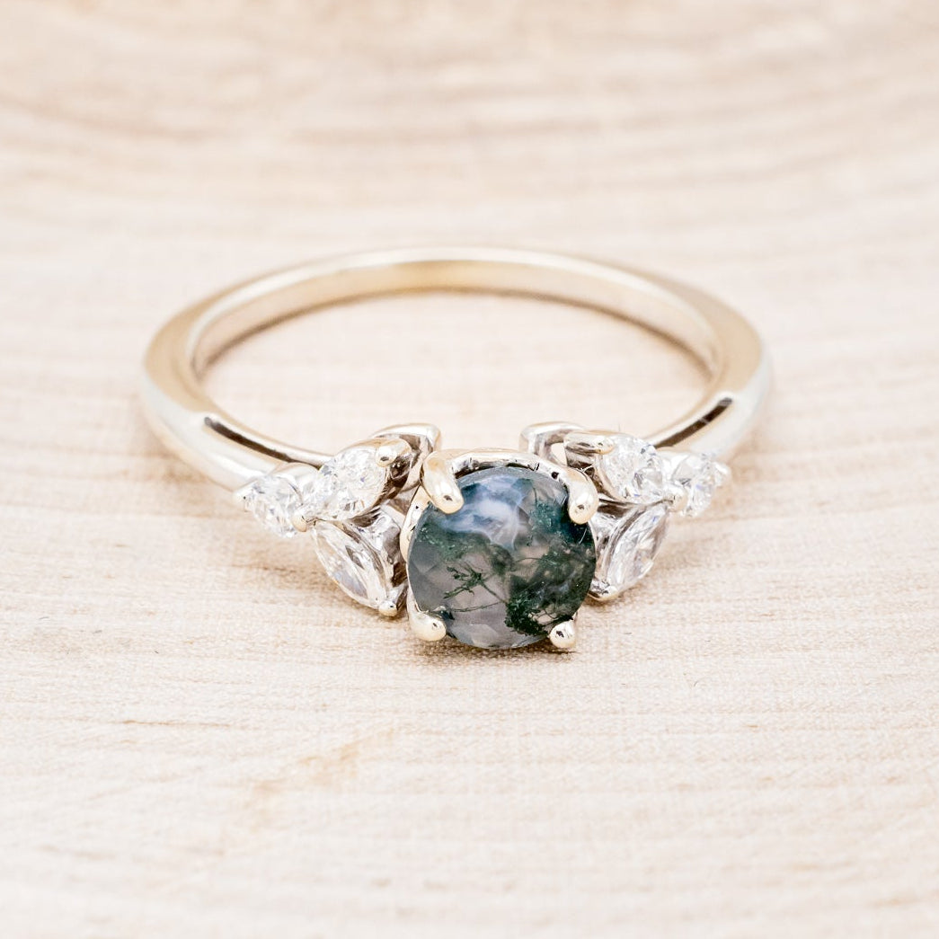 "BLOSSOM" - ROUND CUT MOSS AGATE ENGAGEMENT RING WITH LEAF-SHAPED DIAMOND ACCENTS-4