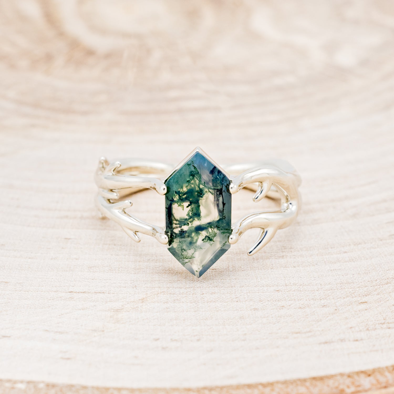 "ARTEMIS" - ELONGATED HEXAGON MOSS AGATE ENGAGEMENT RING WITH AN ANTLER STYLE BAND-4