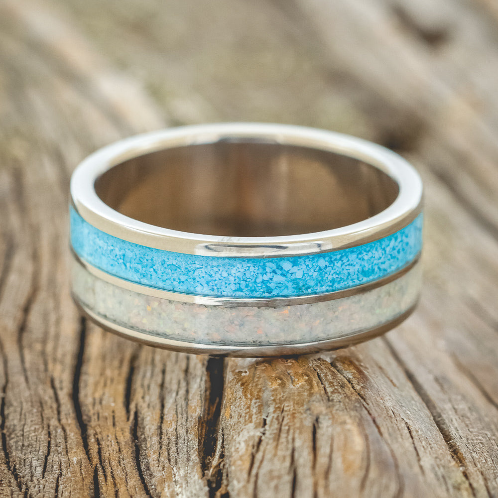 "DYAD" - FIRE AND ICE OPAL & TURQUOISE WEDDING BAND-3